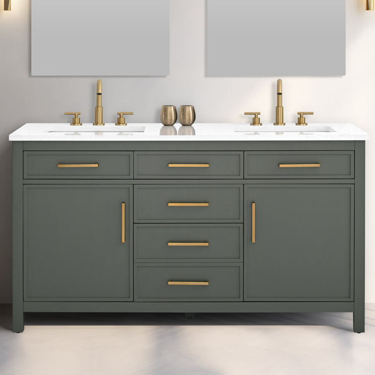 Vintage Green Solid Wood Double Vanity with Carrara White Top