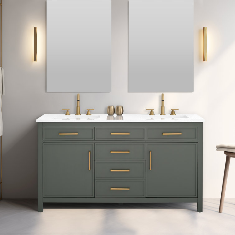Vintage Green Solid Wood Double Vanity with Carrara White Top