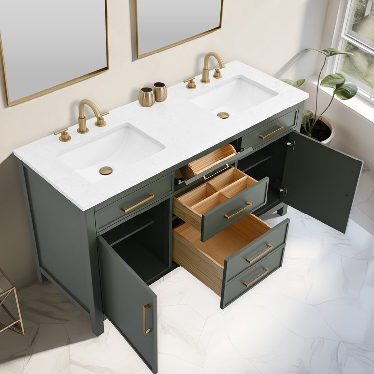 Vintage Green Solid Wood Double Vanity with Carrara White Top