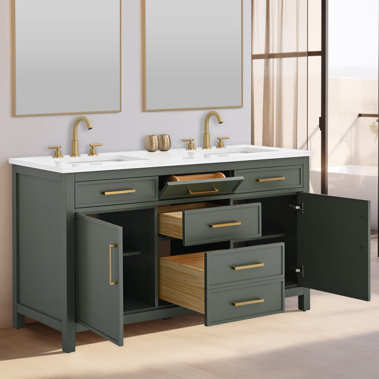 Vintage Green Solid Wood Double Vanity with Carrara White Top