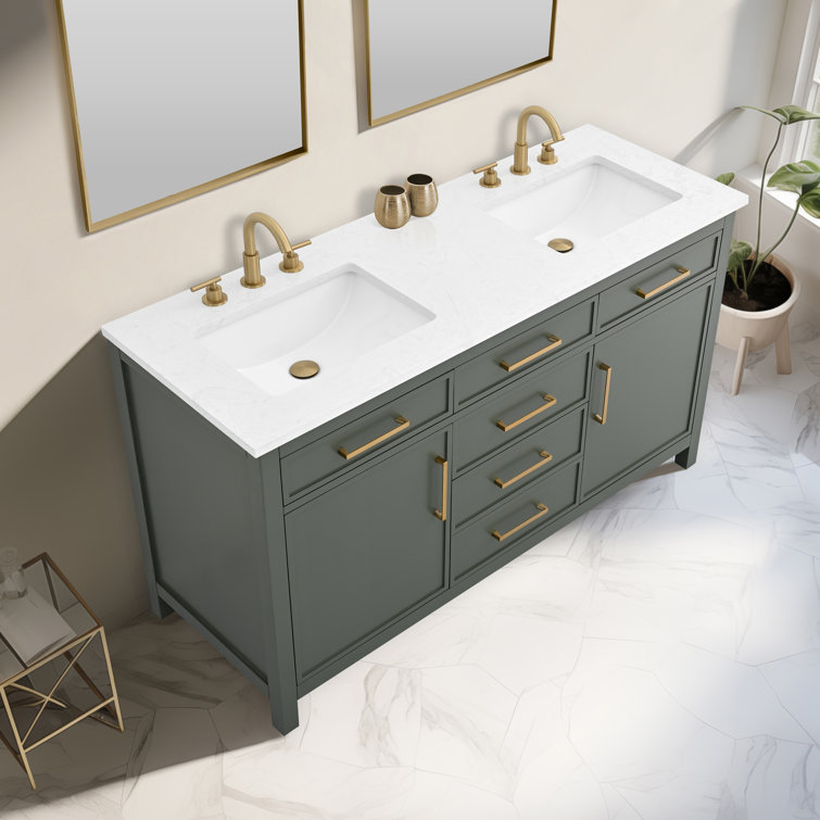 Vintage Green Solid Wood Double Vanity with Carrara White Top