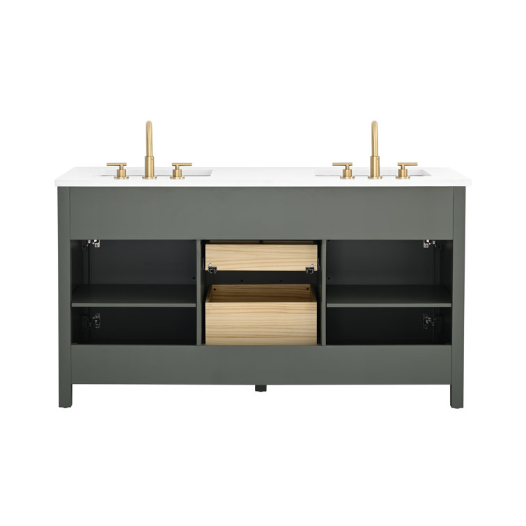 Vintage Green Solid Wood Double Vanity with Carrara White Top
