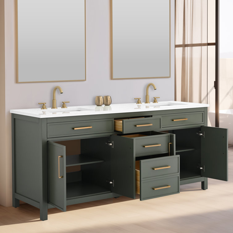 Vintage Green Double Vanity with Carrara White Top and Brushed Bronze Hardware