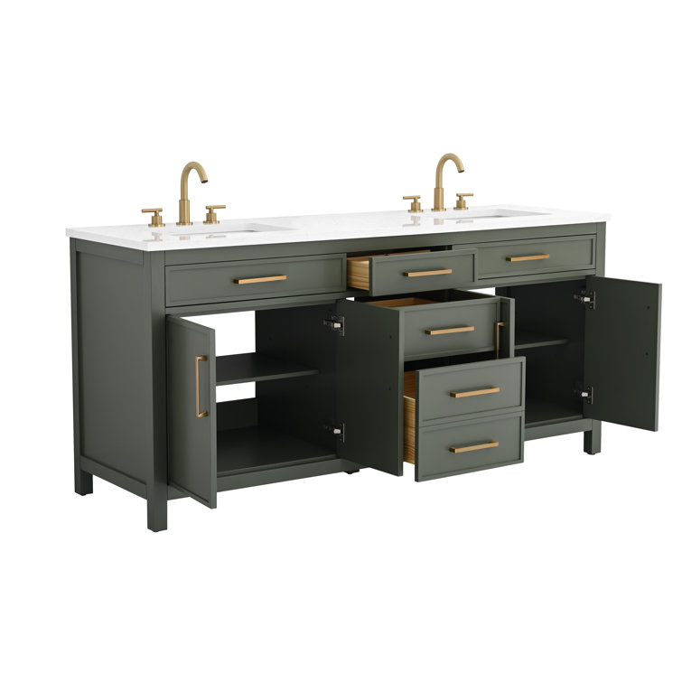 Vintage Green Double Vanity with Carrara White Top and Brushed Bronze Hardware