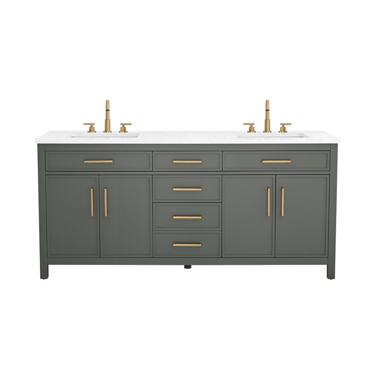 Vintage Green Double Vanity with Carrara White Top and Brushed Bronze Hardware