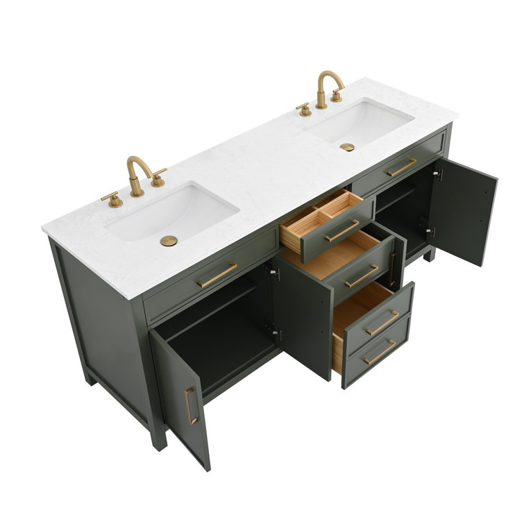 Vintage Green Double Vanity with Carrara White Top and Brushed Bronze Hardware