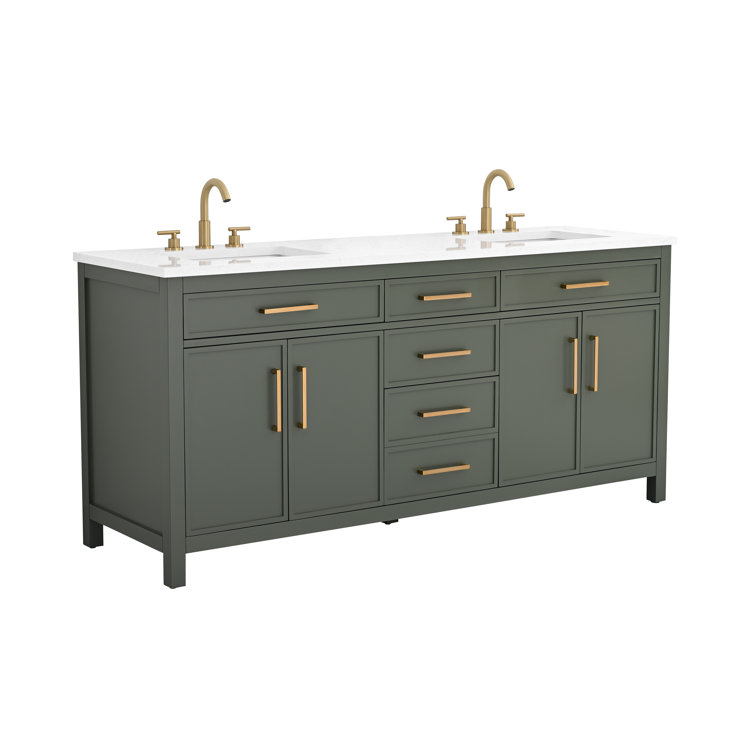 Vintage Green Double Vanity with Carrara White Top and Brushed Bronze Hardware