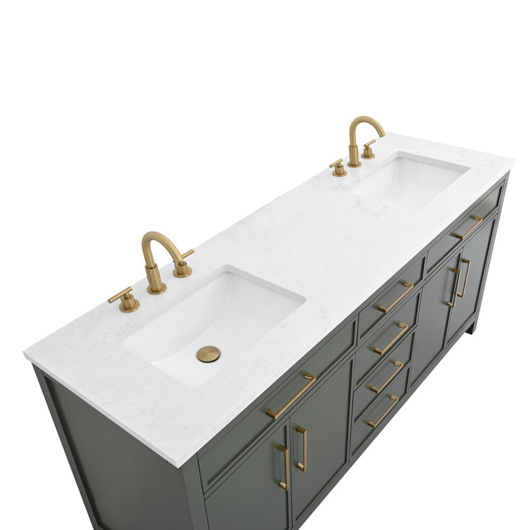 Vintage Green Double Vanity with Carrara White Top and Brushed Bronze Hardware