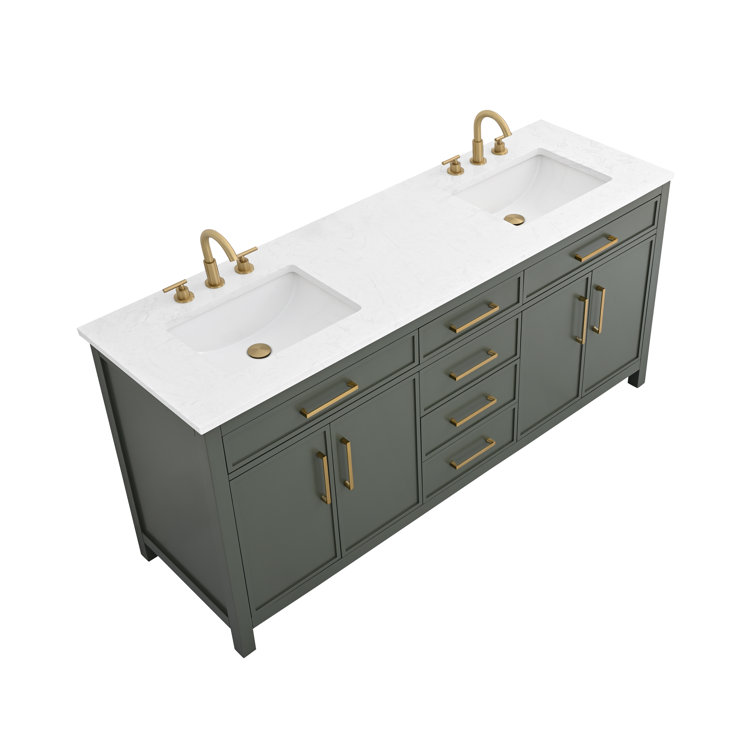 Vintage Green Double Vanity with Carrara White Top and Brushed Bronze Hardware