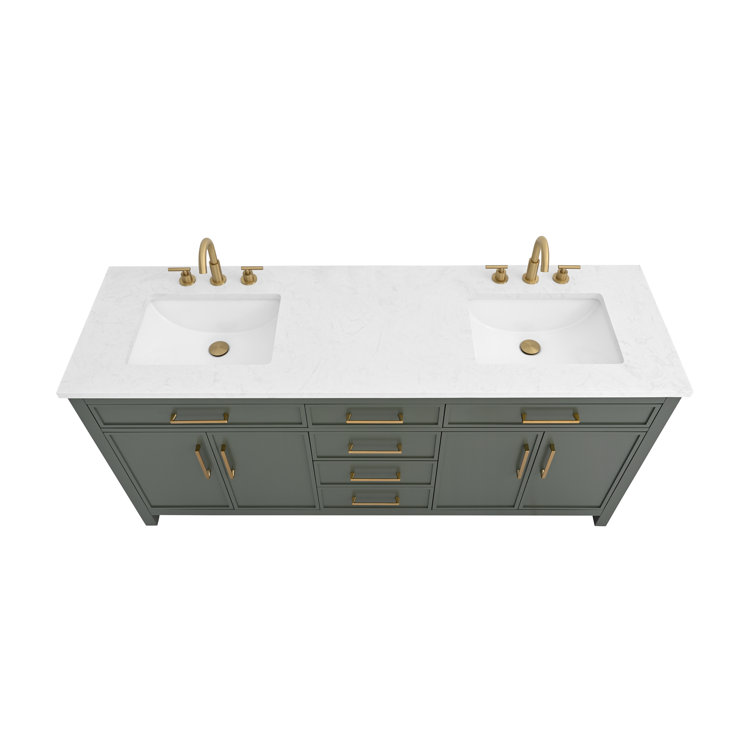 Vintage Green Double Vanity with Carrara White Top and Brushed Bronze Hardware