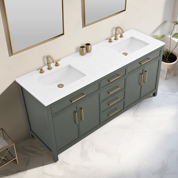 Vintage Green Double Vanity with Carrara White Top and Brushed Bronze Hardware