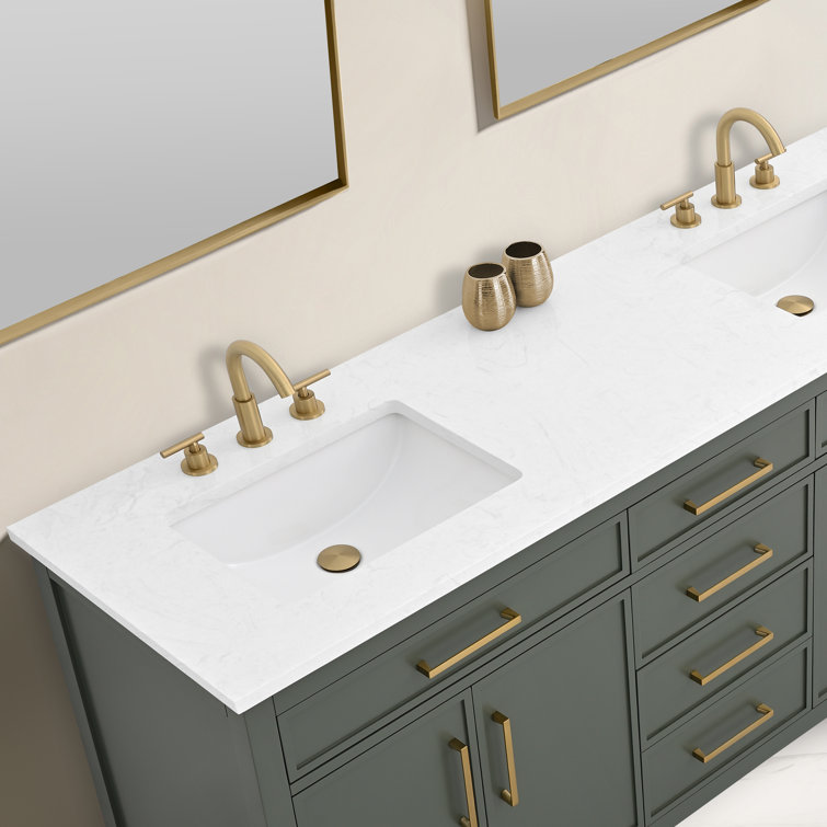 Vintage Green Double Vanity with Carrara White Top and Brushed Bronze Hardware