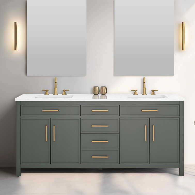 Vintage Green Double Vanity with Carrara White Top and Brushed Bronze Hardware