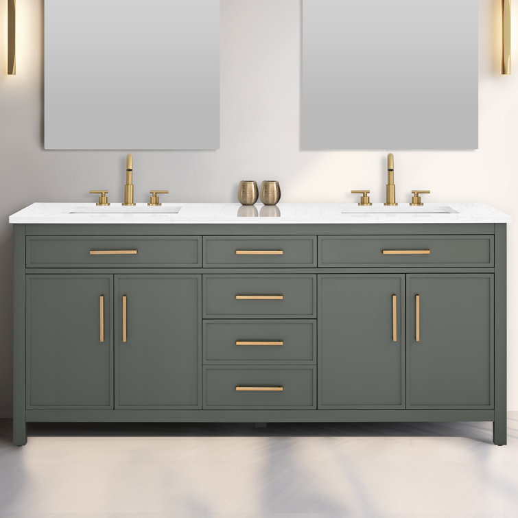 Vintage Green Double Vanity with Carrara White Top and Brushed Bronze Hardware