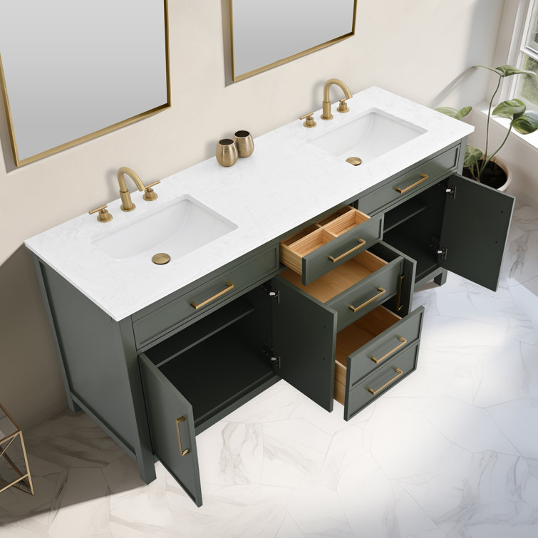 Vintage Green Double Vanity with Carrara White Top and Brushed Bronze Hardware