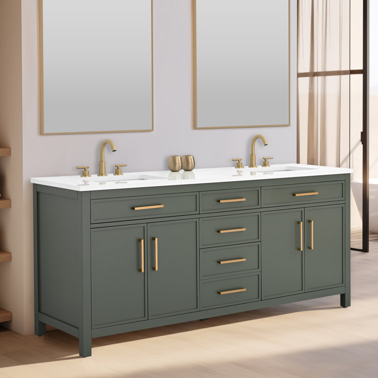 Vintage Green Double Vanity with Carrara White Top and Brushed Bronze Hardware