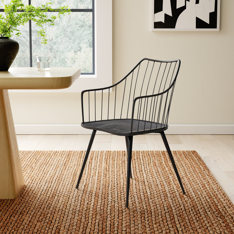 Winston Transitional Black Metal Arm Chair with Wood Seat