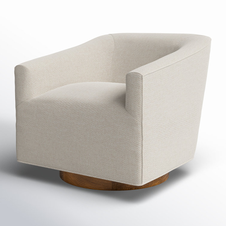 French Beige Basketweave Swivel Accent Chair with Wood Base