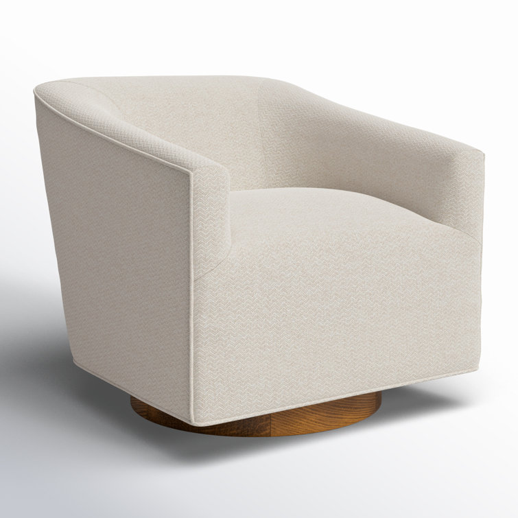 French Beige Basketweave Swivel Accent Chair with Wood Base
