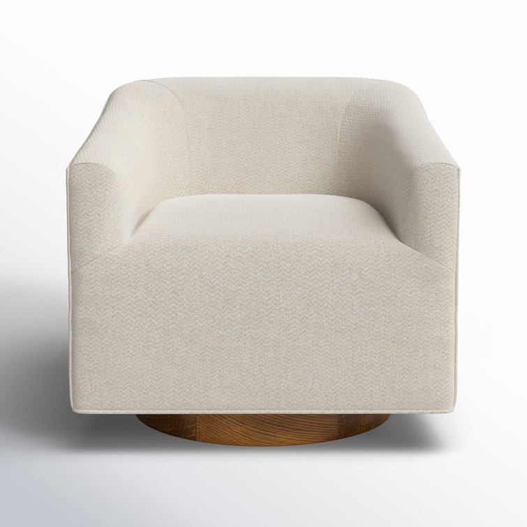 French Beige Basketweave Swivel Accent Chair with Wood Base