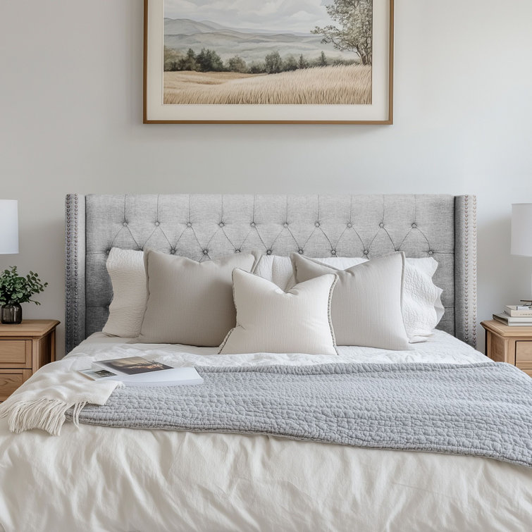 Gray King Upholstered Tufted Wingback Headboard with Nailhead Trim