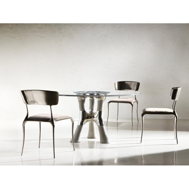Dalton Round Glass Top Dining Table with Textured Wood and Stainless Steel Base