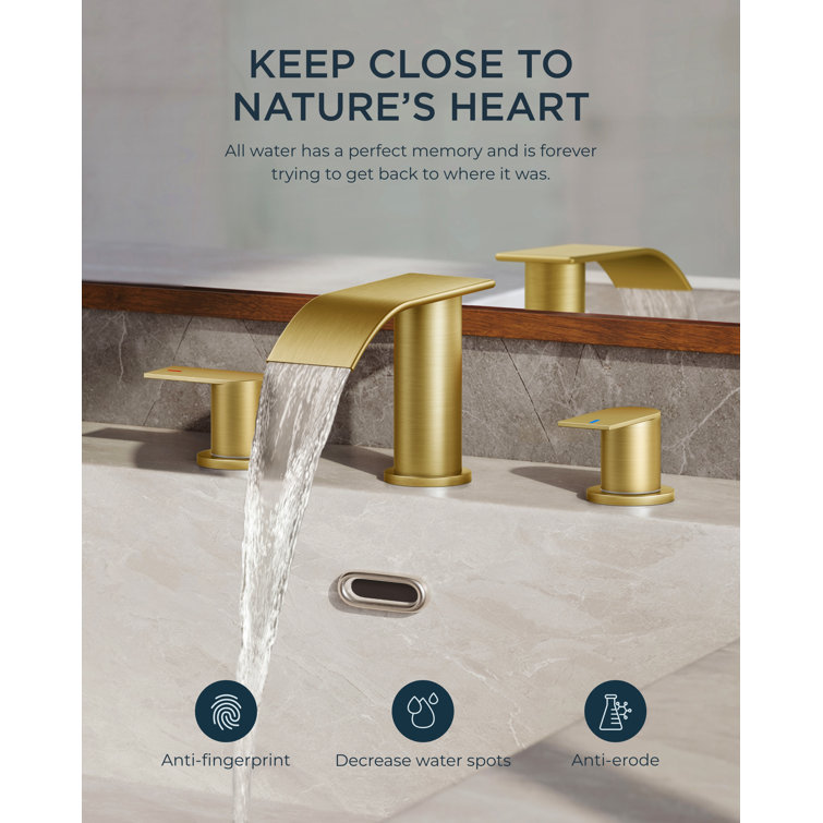 Brushed Gold 8-Inch Widespread Waterfall Bathroom Faucet with Pop-Up Drain