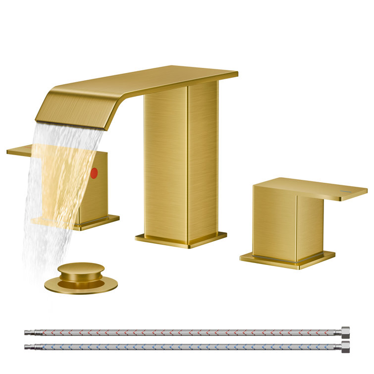 Brushed Gold Square Widespread 2-Handle Bathroom Faucet with Drain Assembly