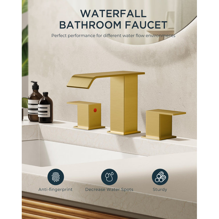 Brushed Gold Square Widespread 2-Handle Bathroom Faucet with Drain Assembly