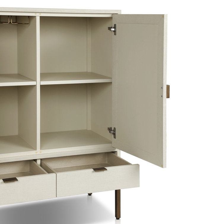 Ivory Linen and Mahogany Bar Cabinet with Antique Brass Base