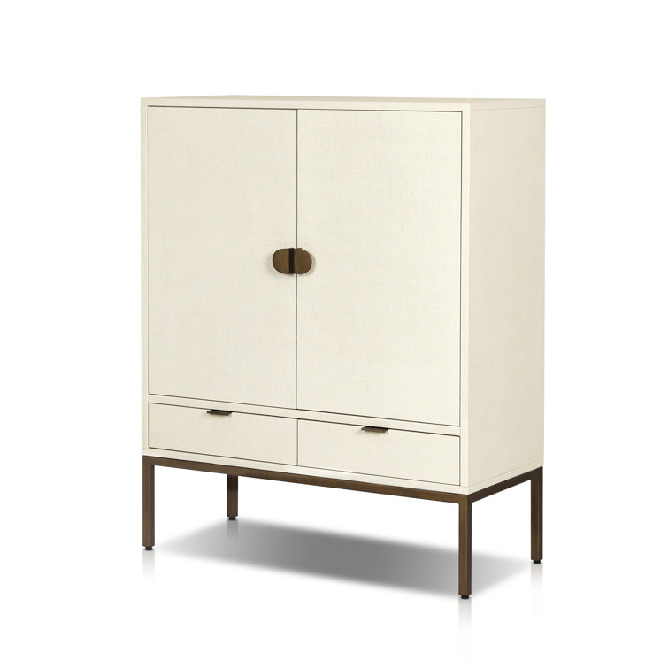 Ivory Linen and Mahogany Bar Cabinet with Antique Brass Base