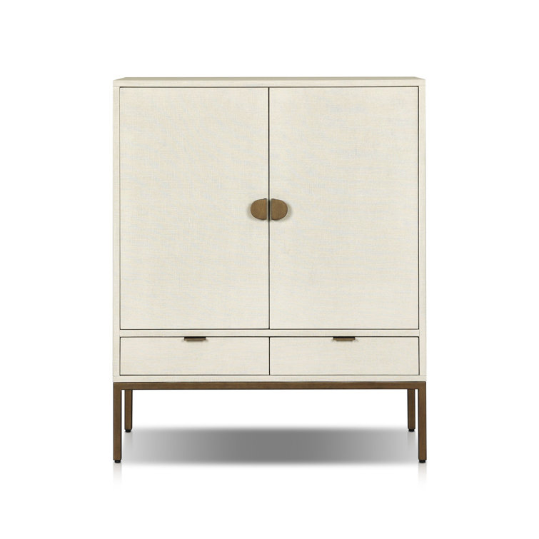 Ivory Linen and Mahogany Bar Cabinet with Antique Brass Base