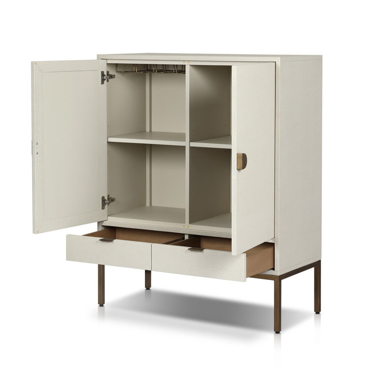 Ivory Linen and Mahogany Bar Cabinet with Antique Brass Base