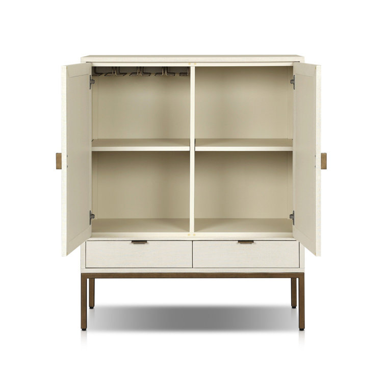 Ivory Linen and Mahogany Bar Cabinet with Antique Brass Base