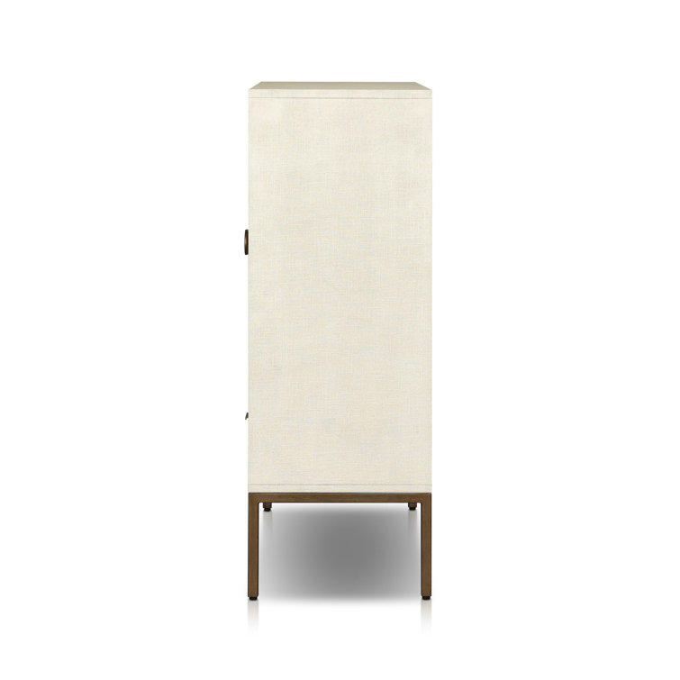 Ivory Linen and Mahogany Bar Cabinet with Antique Brass Base
