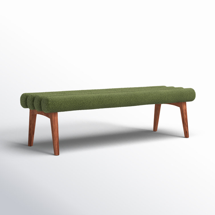 Green Polyester Upholstered Bench with Ash Wood Legs