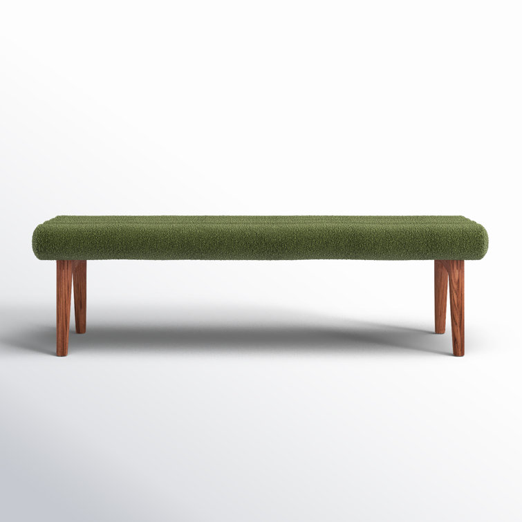 Green Polyester Upholstered Bench with Ash Wood Legs