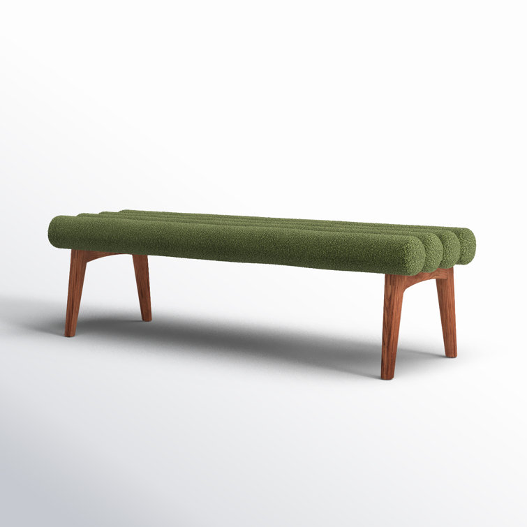 Green Polyester Upholstered Bench with Ash Wood Legs
