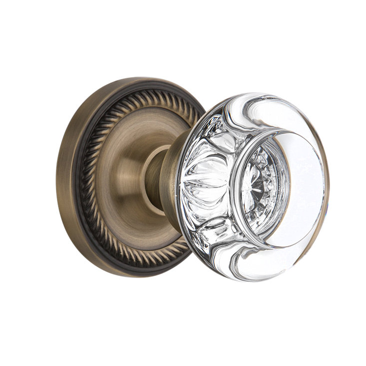 Antique Brass Rope Rosette with Round Clear Crystal Glass Door Knob