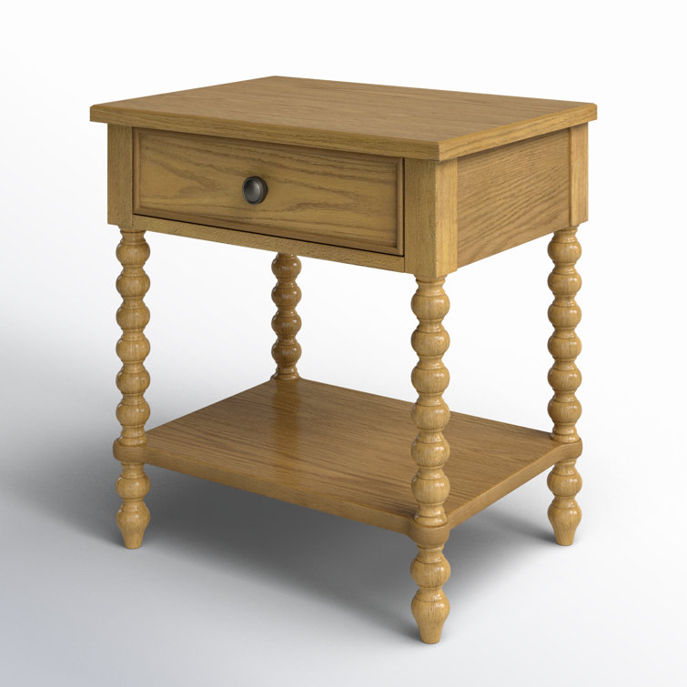 Natural Oak 1-Drawer Solid Wood Nightstand with Turned Legs