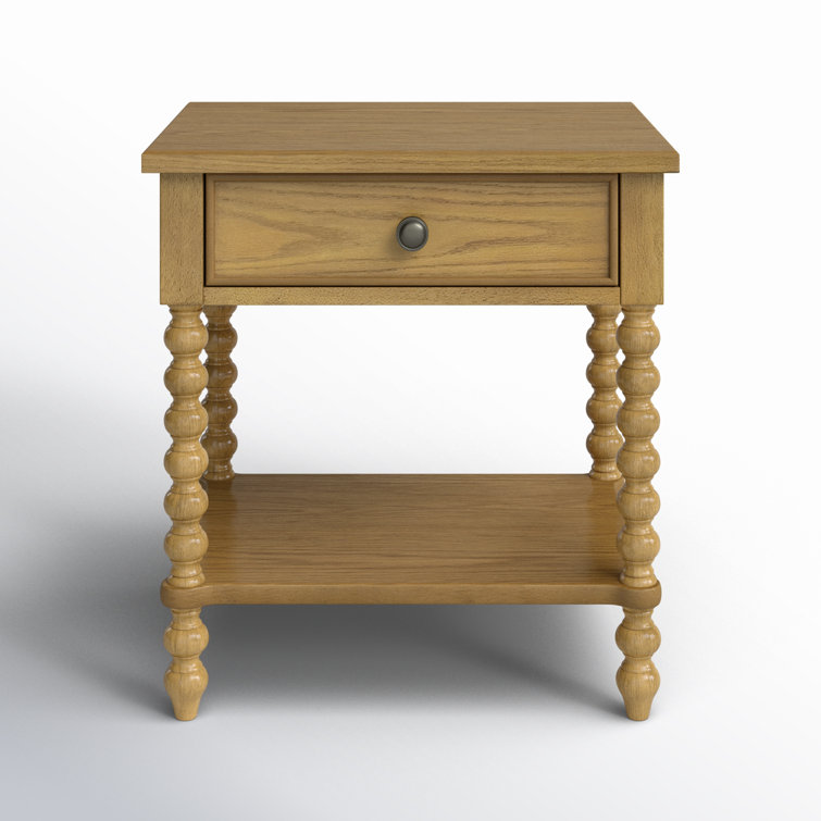Natural Oak 1-Drawer Solid Wood Nightstand with Turned Legs