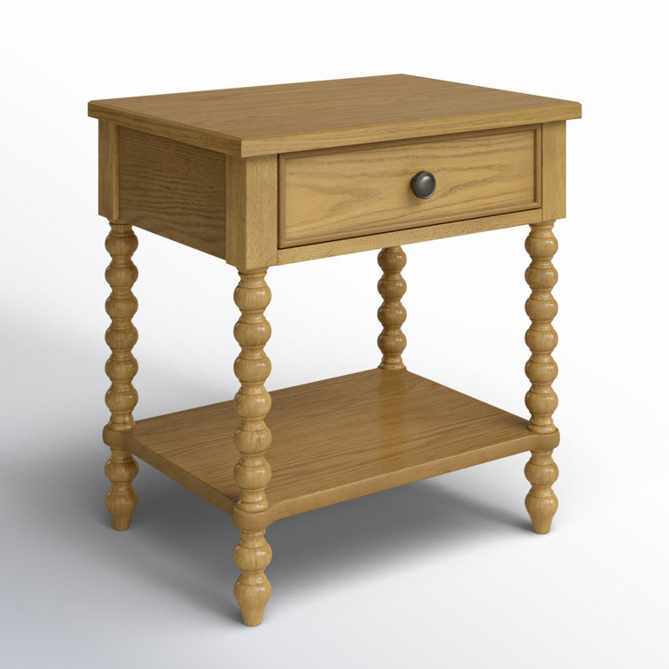 Natural Oak 1-Drawer Solid Wood Nightstand with Turned Legs