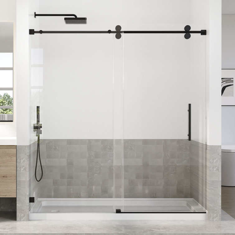 72 in. Black Frameless Sliding Shower Door with Clear Tempered Glass