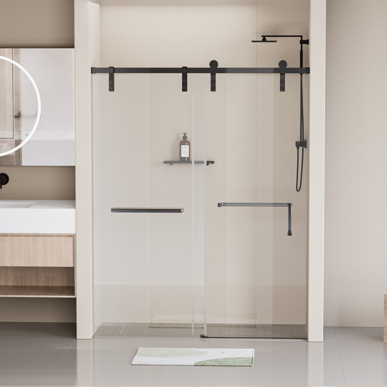 60" x 76" Frameless Matte Black Sliding Shower Door with Clear Tempered Glass