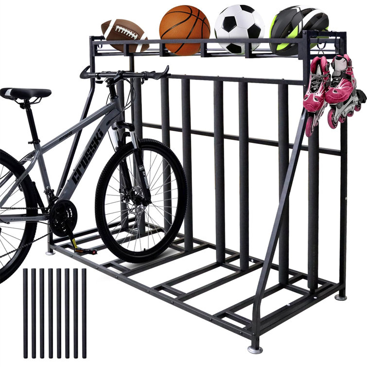 Black Steel 4-Bike Stand Rack with Storage Basket