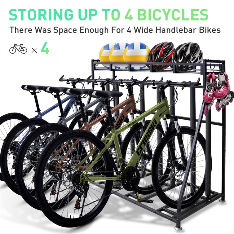 Black Steel 4-Bike Stand Rack with Storage Basket