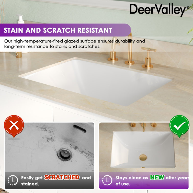 White Ceramic Rectangular Undermount Bathroom Sink with Overflow