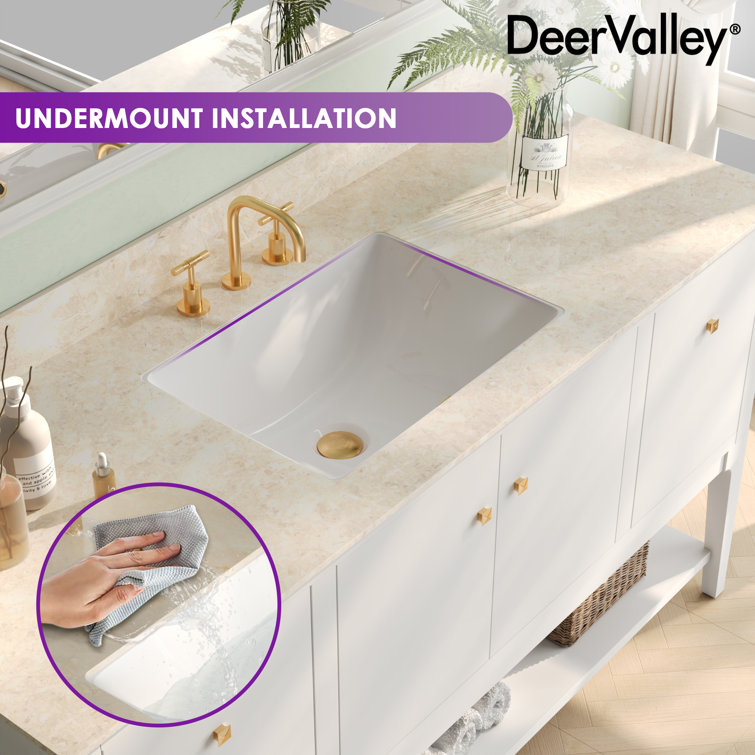 White Ceramic Rectangular Undermount Bathroom Sink with Overflow