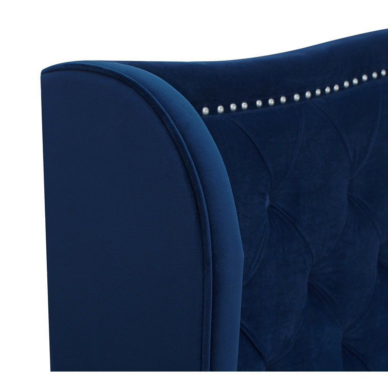 Navy Blue Velvet Tufted Queen Bed with Nailhead Trim