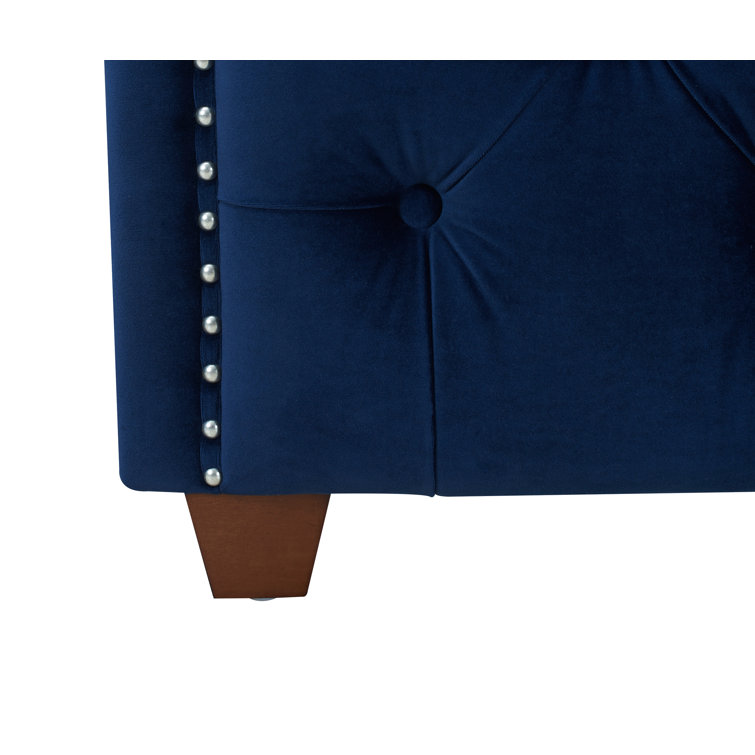 Navy Blue Velvet Tufted Queen Bed with Nailhead Trim